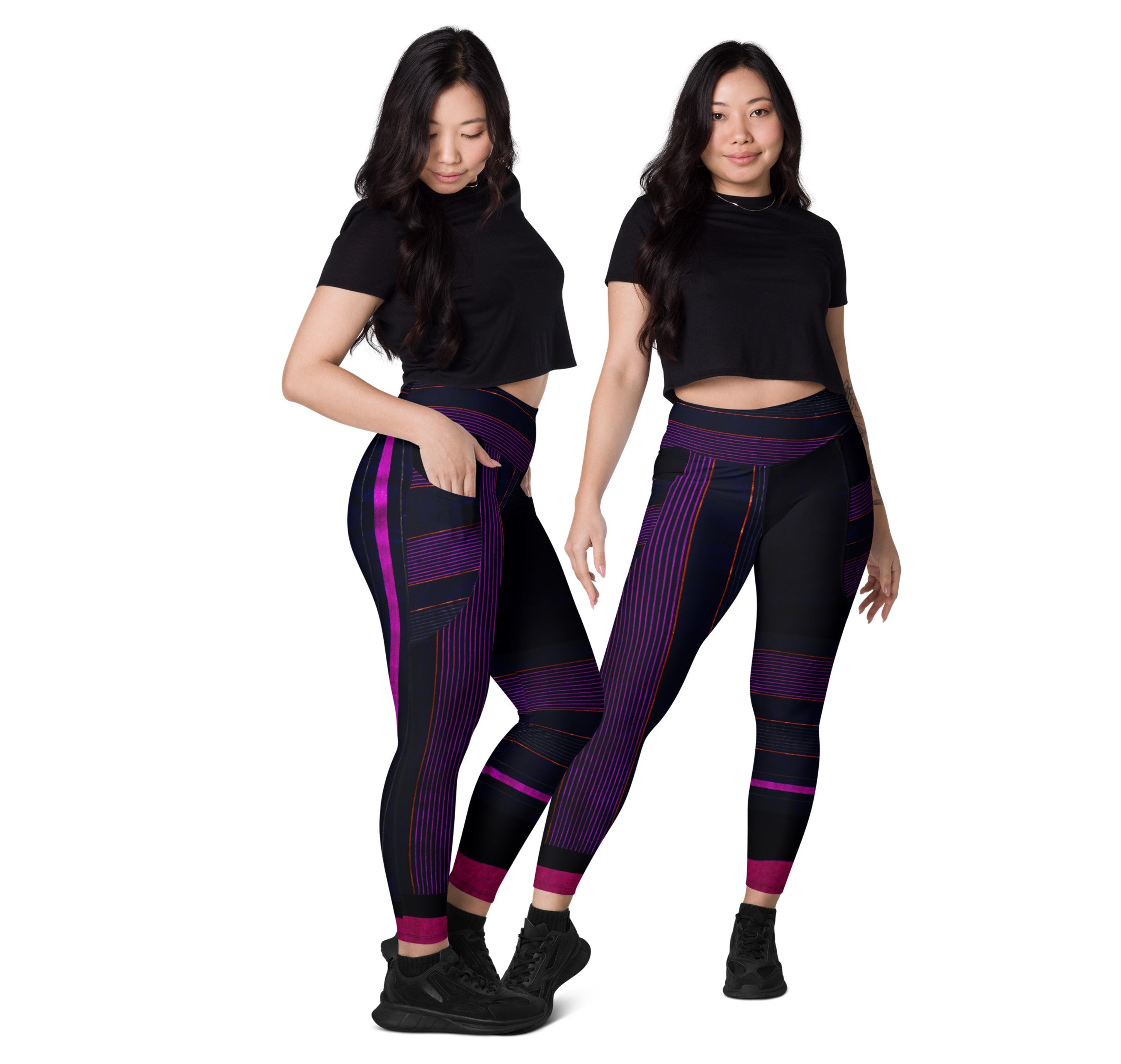 Black Gym Leggings with Pockets. Purple Pin Stripes Dance Leggings. Crossover Waist Yoga Pants. "Peppermint" by WickedYo.